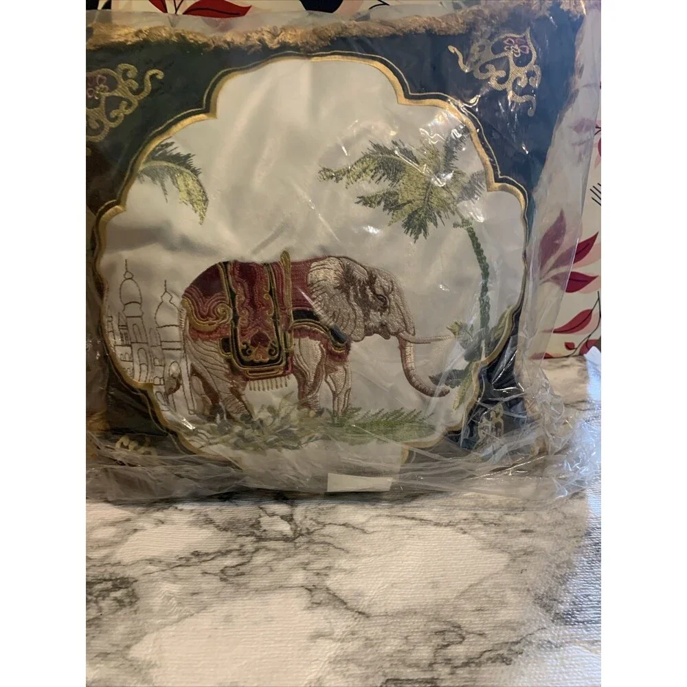 Fringe & Embroidered Elephant India Background Pillow BEAUTIFUL 16x16